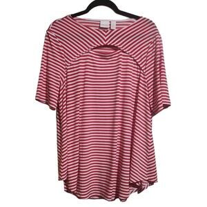Chicos Sz 2 Large Ladies Woman's Red Striped Top Long Line Slinky Stretch Jersey